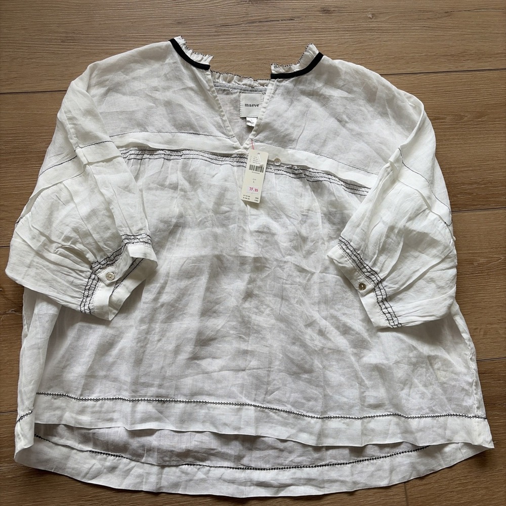 Anthropologie Maeve Balloon-Sleeve V-neck Stitched blouse White‎ Large  NWT $118
